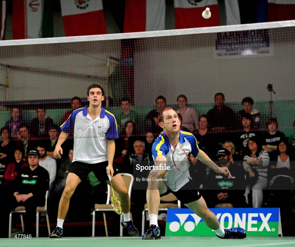 12 December 2010; England's Andrew Ellis, right, and team-mate Chris Adcock in action during their final against England's Anthony Clark and Chris Langridge. Ellis and Adcock won the final 21-13, 21-16. Yonex Irish International Badminton Championship Finals, Men's Doubles Final, Baldoyle Badminton Centre, Dublin. Picture credit: Brian Lawless / SPORTSFILE