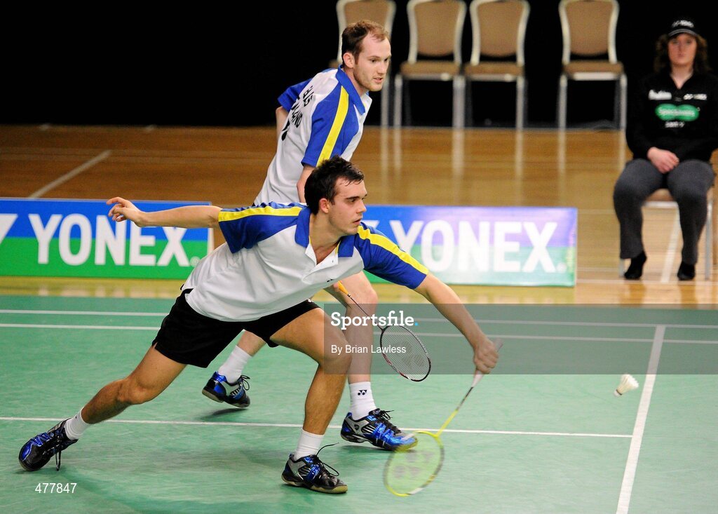 12 December 2010; England's Chris Adcock, bottom, and team-mate Andrew Ellis in action during their final against England's Anthony Clark and Chris Langridge. Ellis and Adcock won the final 21-13, 21-16. Yonex Irish International Badminton Championship Finals, Men's Doubles Final, Baldoyle Badminton Centre, Dublin. Picture credit: Brian Lawless / SPORTSFILE