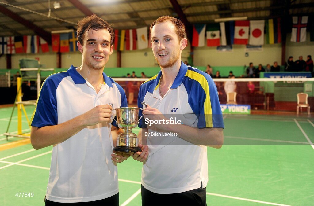 12 December 2010; England's Andrew Ellis, right, and team-mate Chris Adcock with the cup after their final against England's Anthony Clark and Chris Langridge. Ellis and Adcock won the final 21-13, 21-16. Yonex Irish International Badminton Championship Finals, Men's Doubles Final, Baldoyle Badminton Centre, Dublin. Picture credit: Brian Lawless / SPORTSFILE