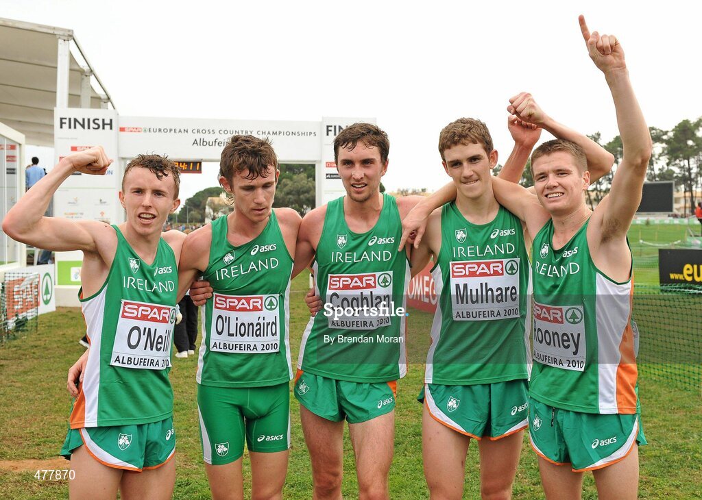 12 December 2010; The Ireland U23 men's team, from left, Brendan O'Neill, Ciaran O Lionaird, John Coghlan, Michael Mulhare and David Rooney celebrate after winning the team gold. Ciaran O Lionaird missed the presentation of medals as he was with medical personnel. 17th SPAR European Cross Country Championships, Albufeira, Portugal. Picture credit: Brendan Moran / SPORTSFILE