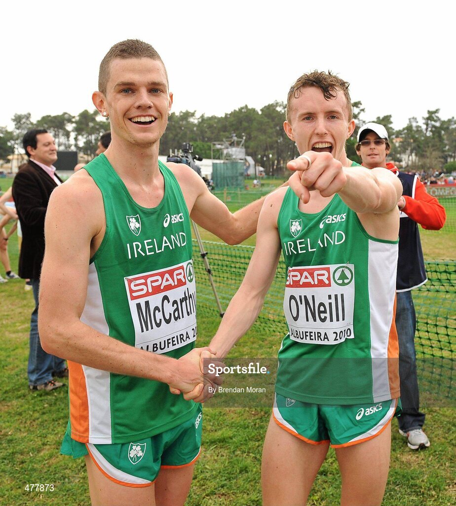 12 December 2010; The Ireland U23 men's team athletes David McCarthy, left, and Brendan O'Neill celebrate after winning the team gold. Ciaran O Lionaird missed the presentation of medals as he was with medical personnel. 17th SPAR European Cross Country Championships, Albufeira, Portugal. Picture credit: Brendan Moran / SPORTSFILE