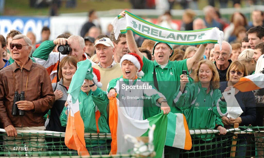 12 December 2010; Irish athletics supporters cheer on the Irish Men's U23 team as they await to receive their medals. 17th SPAR European Cross Country Championships, Albufeira, Portugal. Picture credit: Brendan Moran / SPORTSFILE