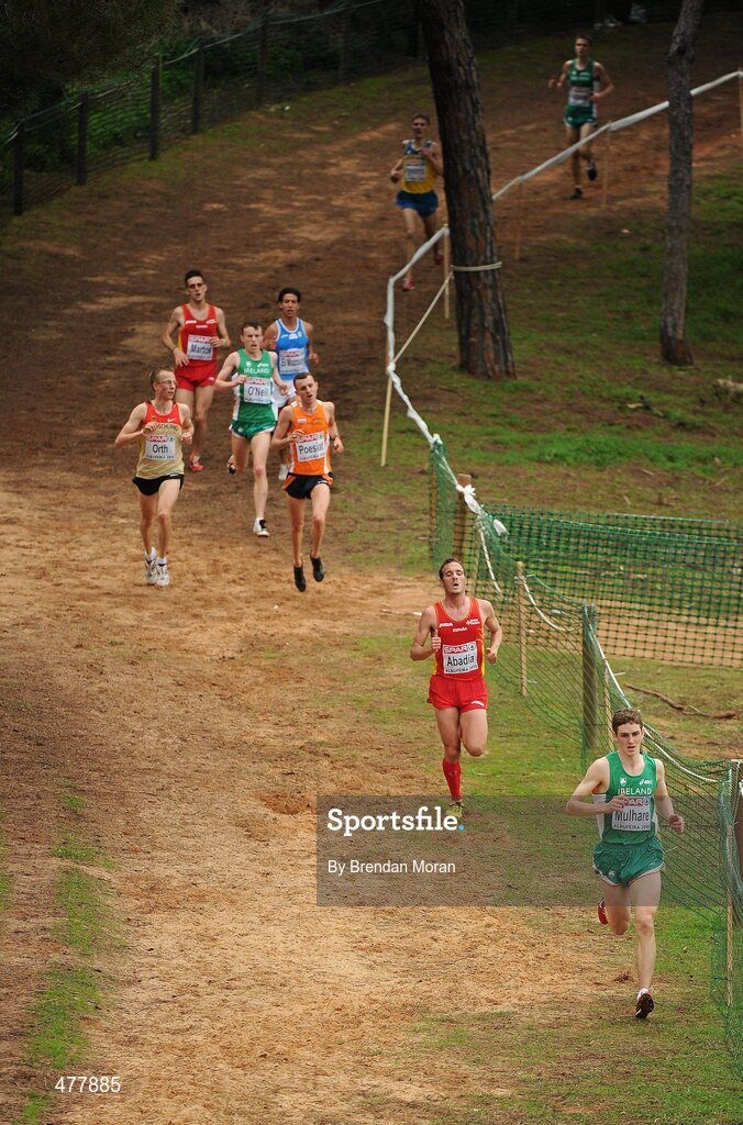 12 December 2010; Ireland's Michael Mulhare, bottom right, leads team-mates Brendan O'Neill, centre, and David Rooney, top right, on their way to winning the team gold medals in the Men's U23 race. Mulhare finished 16th, O'Neill finished 13th and Rooney finished 20th. 17th SPAR European Cross Country Championships, Albufeira, Portugal. Picture credit: Brendan Moran / SPORTSFILE
