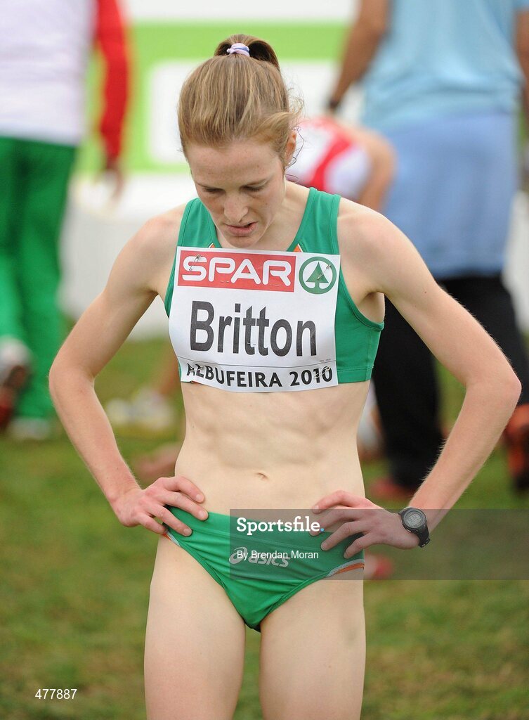 12 December 2010; Ireland's Fionnuala Britton reacts after finishing in 4th place in the Women's Senior race. 17th SPAR European Cross Country Championships, Albufeira, Portugal. Picture credit: Brendan Moran / SPORTSFILE
