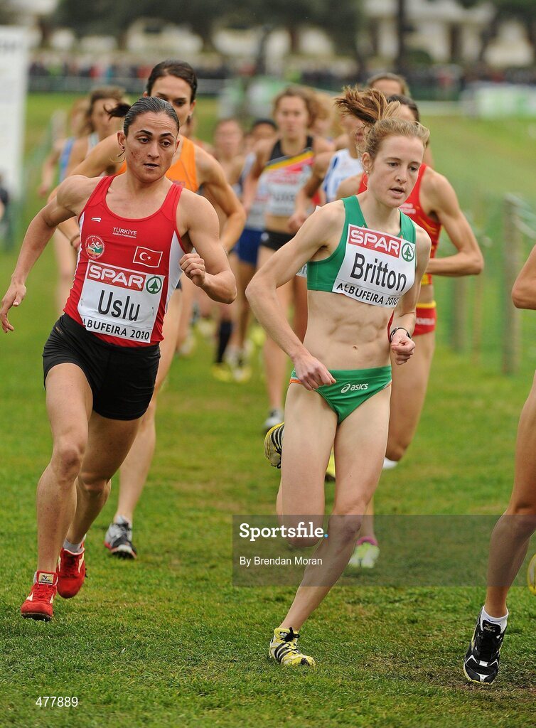 12 December 2010; Ireland's Fionnuala Britton leads eventual second placed Binnaz Uslu, left, of Turkey, on her way to finishing in 4th place in the Women's Senior race. 17th SPAR European Cross Country Championships, Albufeira, Portugal. Picture credit: Brendan Moran / SPORTSFILE