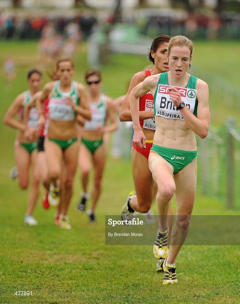 12 December 2010; Ireland's Fionnuala Britton leads the chasing pack on her way to finishing in 4th place, with a time of 26:59, in the Women's Senior race. 17th SPAR European Cross Country Championships, Albufeira, Portugal. Picture credit: Brendan Moran / SPORTSFILE