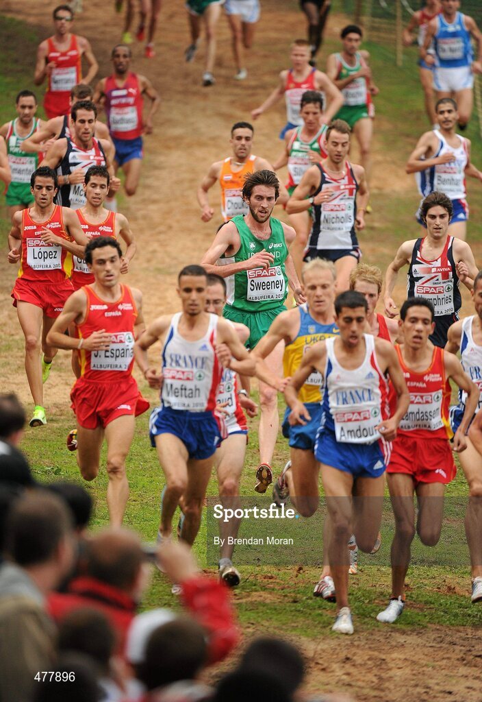 12 December 2010; Ireland's Joe Sweeney in the middle of the main bunch on his way to finishing 21st in the Men's Senior race with a time of 29:51. 17th SPAR European Cross Country Championships, Albufeira, Portugal. Picture credit: Brendan Moran / SPORTSFILE