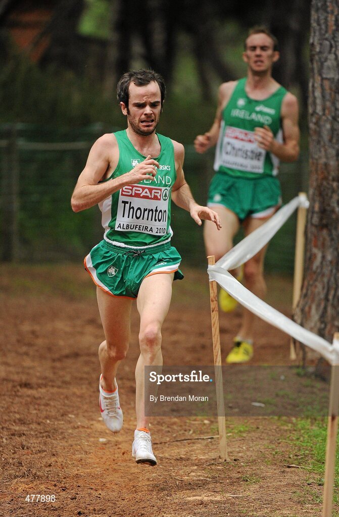 12 December 2010; Ireland's Gary Thornton, leads team-mate Mark Christie, on his way to finishing 44th in the Men's Senior race with a time of 30:44. 17th SPAR European Cross Country Championships, Albufeira, Portugal. Picture credit: Brendan Moran / SPORTSFILE