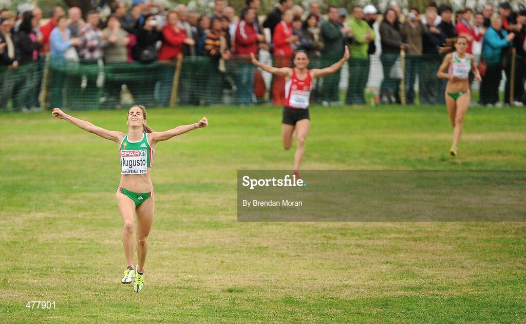 12 December 2010; Portugal's Jessica Augusto celebrates as she comes down the finishing straight from second placed Binnaz Uslu, of Turkey, and third placed Dulce Felix, right of Portugal, on her way to winning the Senior Women's race with a time of 26:52. 17th SPAR European Cross Country Championships, Albufeira, Portugal. Picture credit: Brendan Moran / SPORTSFILE