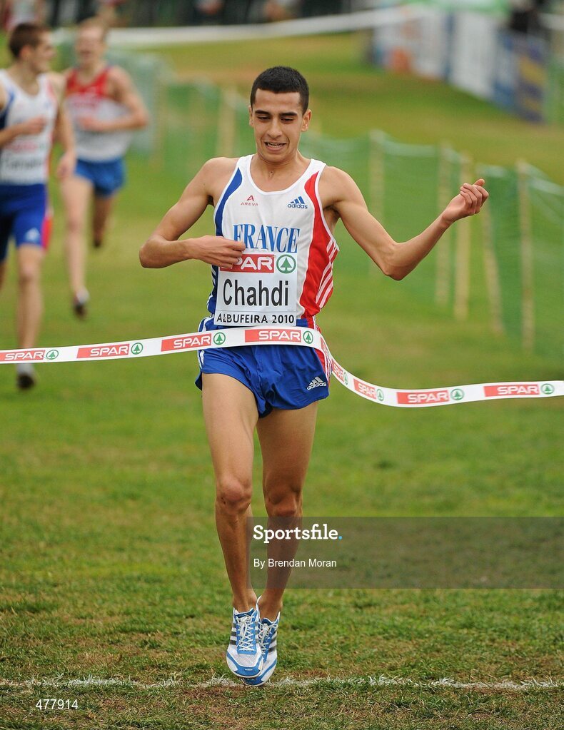 12 December 2010; Hassan Chahdi, of France, crosses the line to win the Men's U23 race with a time of 24:11. 17th SPAR European Cross Country Championships, Albufeira, Portugal. Picture credit: Brendan Moran / SPORTSFILE