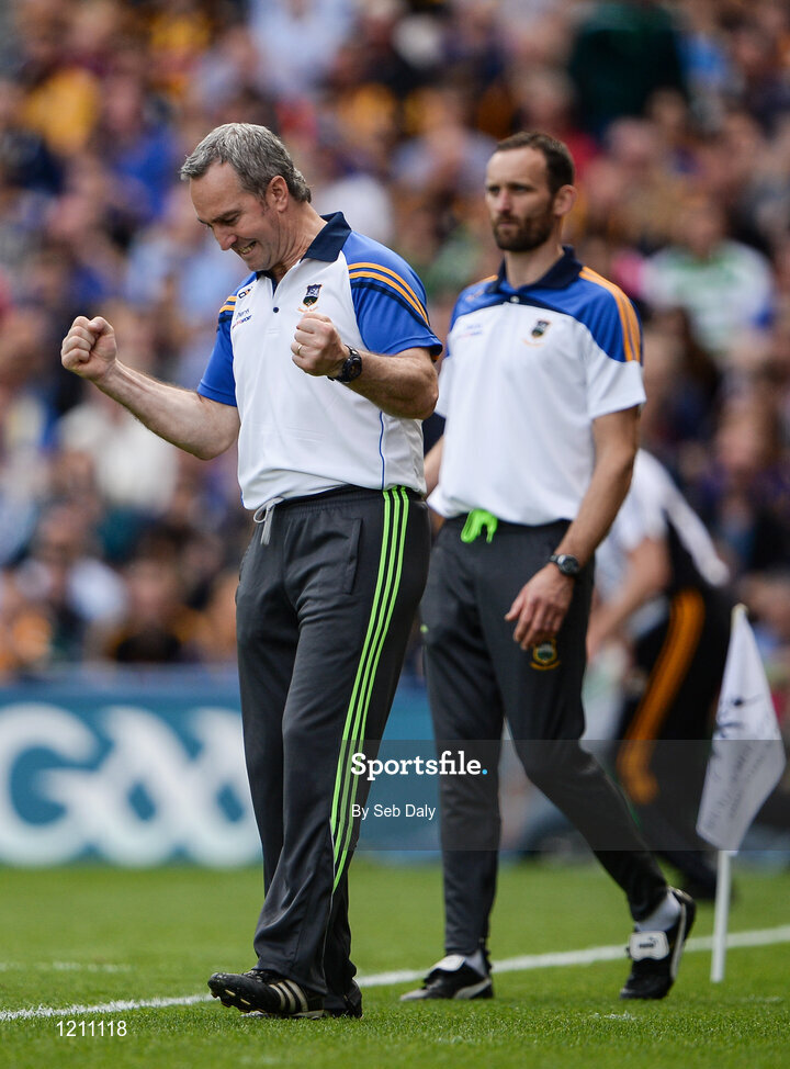 4 September 2016; Tipperary manager Michael Ryan celebrates a point for his team during the GAA Hurling All-Ireland Senior Championship Final match between Kilkenny and Tipperary at Croke Park in Dublin. Photo by Seb Daly/Sportsfile