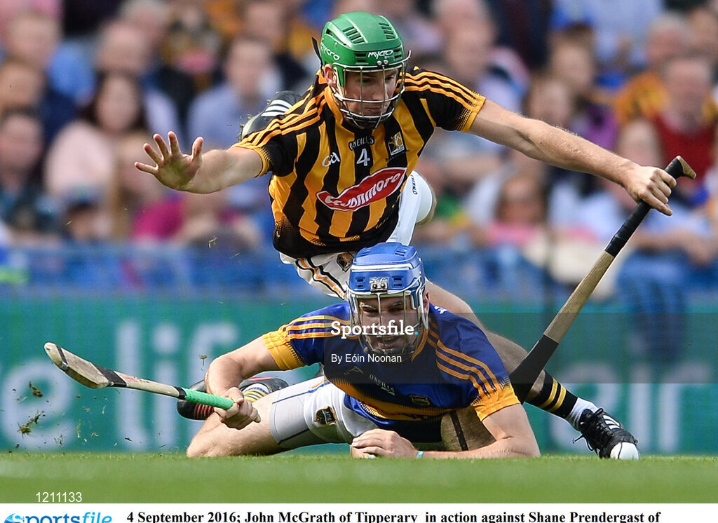 4 September 2016; John McGrath of Tipperary  in action against Shane Prendergast of Kilkenny  during the GAA Hurling All-Ireland Senior Championship Final match between Kilkenny and Tipperary at Croke Park in Dublin. Photo by Eóin Noonan/Sportsfile
