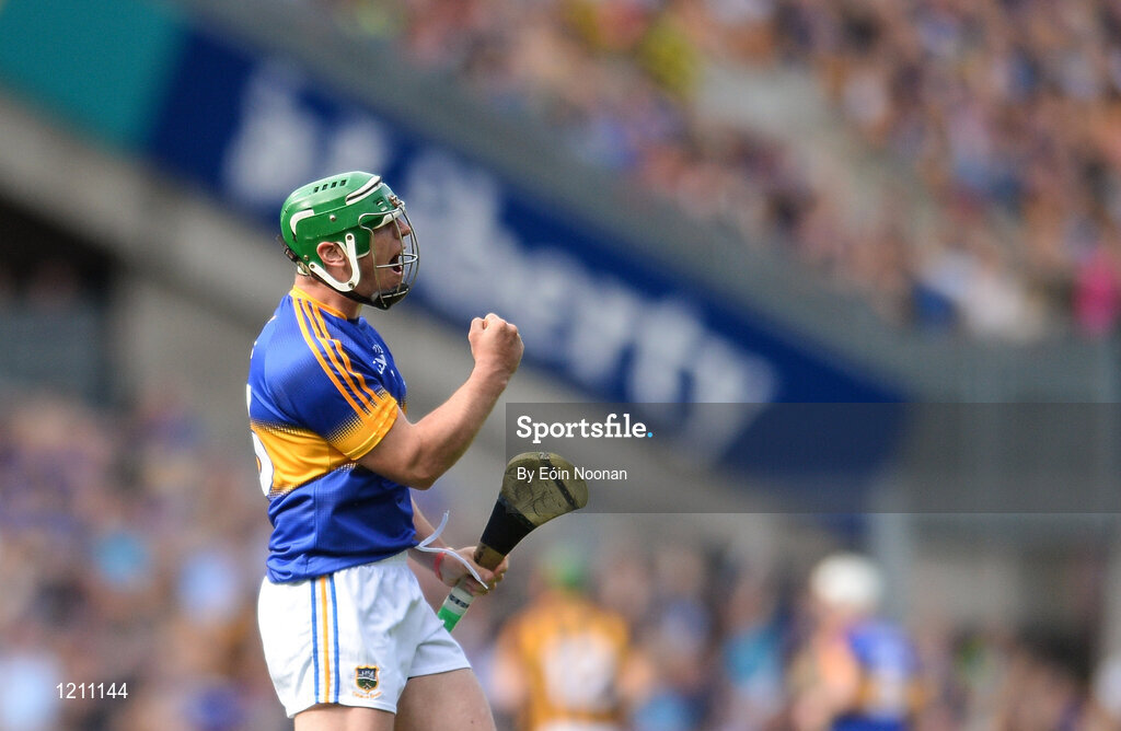 4 September 2016; John O’Dwyer of Tipperary celebrates after scoring his side's first goal during the GAA Hurling All-Ireland Senior Championship Final match between Kilkenny and Tipperary at Croke Park in Dublin. Photo by Eóin Noonan/Sportsfile