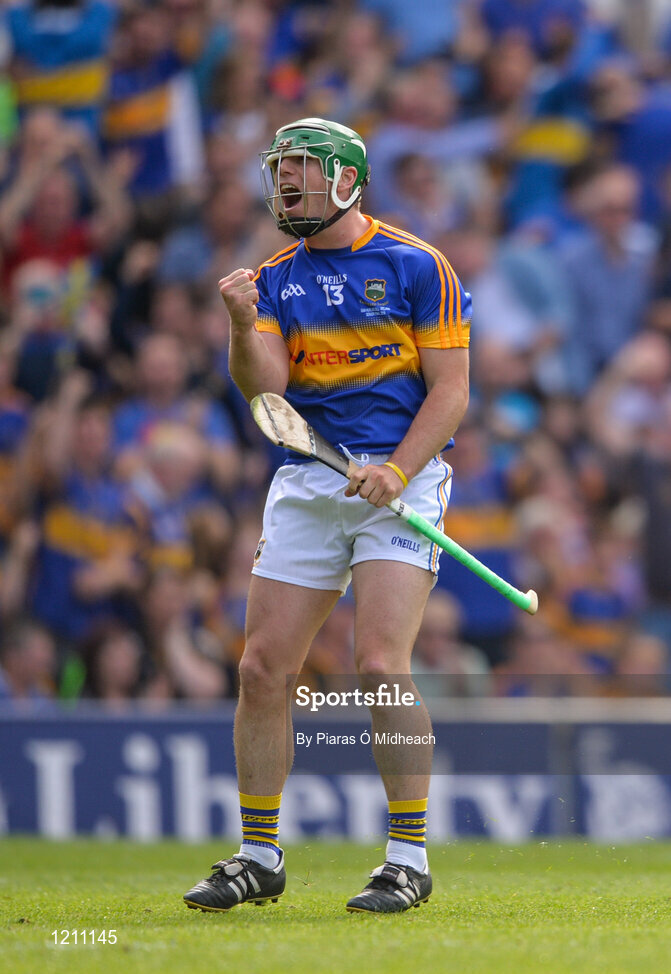 4 September 2016; John O’Dwyer of Tipperary celebrates after scoring his side's first goal during the GAA Hurling All-Ireland Senior Championship Final match between Kilkenny and Tipperary at Croke Park in Dublin. Photo by Piaras Ó Mídheach/Sportsfile