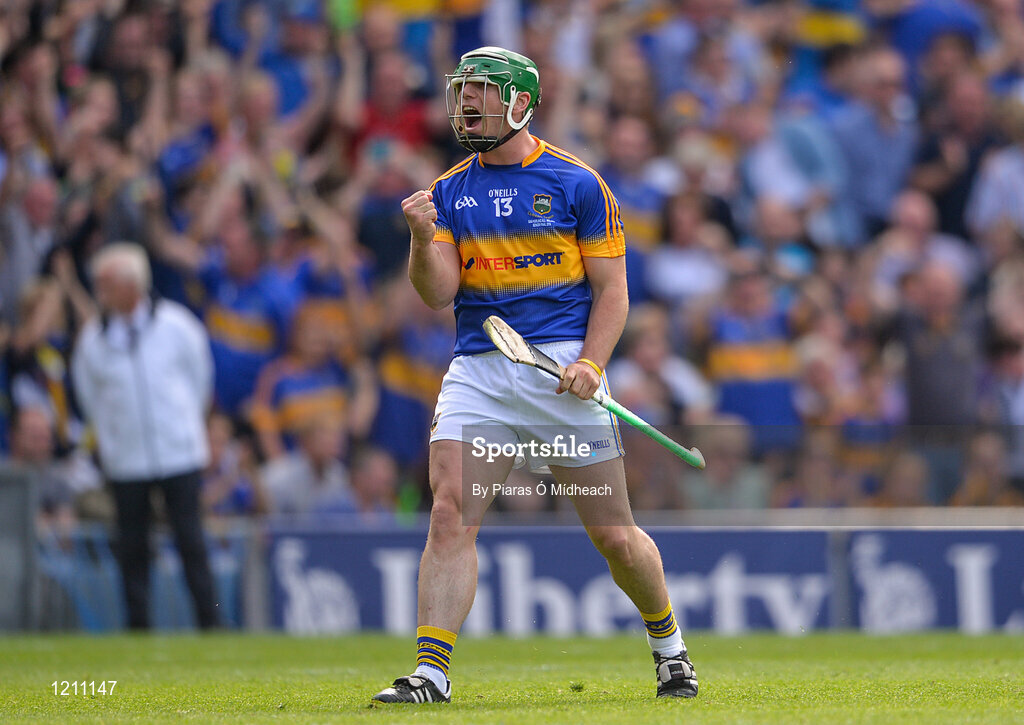 4 September 2016; John O’Dwyer of Tipperary celebrates after scoring his side's first goal during the GAA Hurling All-Ireland Senior Championship Final match between Kilkenny and Tipperary at Croke Park in Dublin. Photo by Piaras Ó Mídheach/Sportsfile