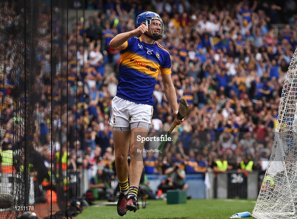 4 September 2016; John McGrath of Tipperary celebrates after scoring his side's second goal during the GAA Hurling All-Ireland Senior Championship Final match between Kilkenny and Tipperary at Croke Park in Dublin. Photo by Sportsfile
