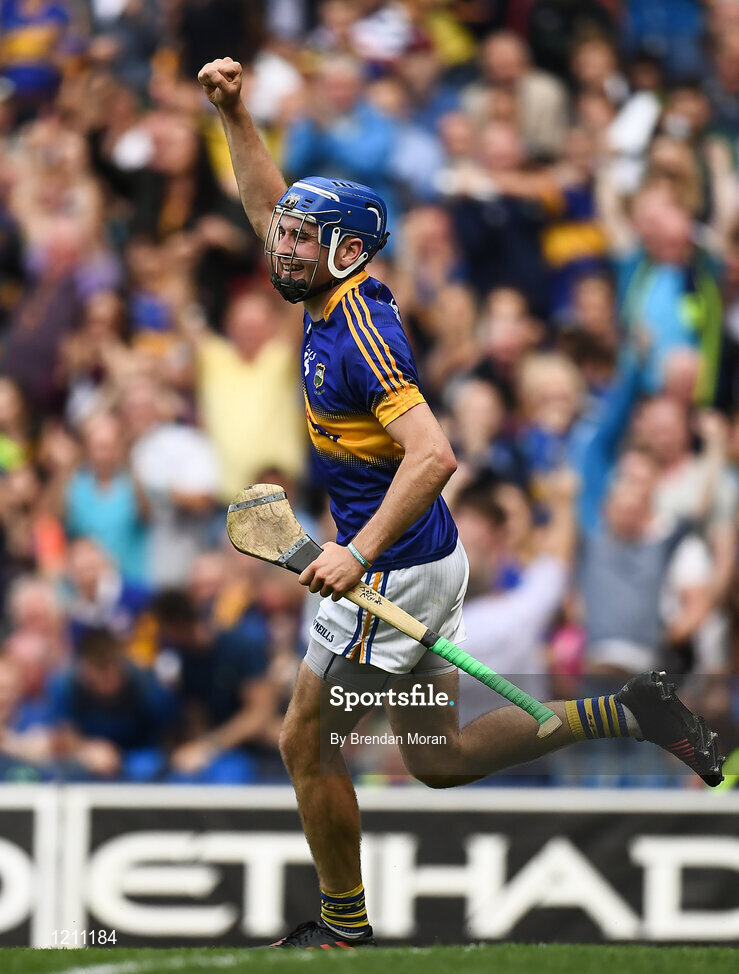 4 September 2016; John McGrath of Tipperary celebrates after scoring his side's second goal during the GAA Hurling All-Ireland Senior Championship Final match between Kilkenny and Tipperary at Croke Park in Dublin. Photo by Brendan Moran/Sportsfile