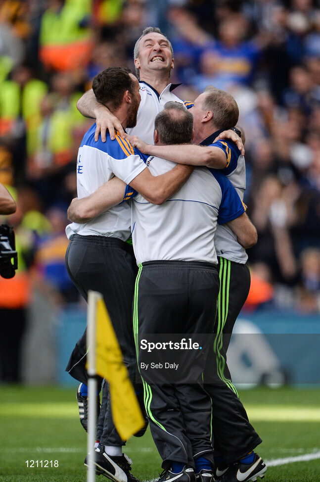 4 September 2016; Tipperary manager Michael Ryan, facing, and his back room staff celebrate their team's victory during the GAA Hurling All-Ireland Senior Championship Final match between Kilkenny and Tipperary at Croke Park in Dublin. Photo by Seb Daly/Sportsfile