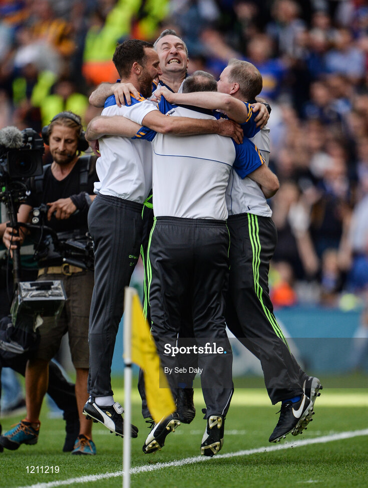 4 September 2016; Tipperary manager Michael Ryan, facing, and his back room staff celebrate their team's victory during the GAA Hurling All-Ireland Senior Championship Final match between Kilkenny and Tipperary at Croke Park in Dublin. Photo by Seb Daly/Sportsfile