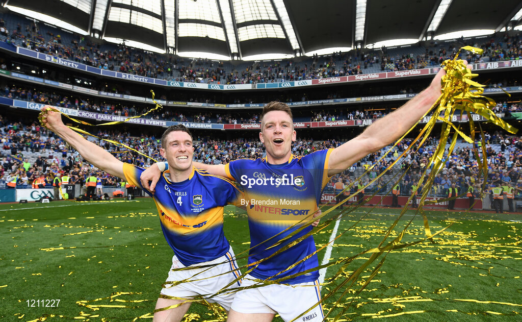 4 September 2016; Michael Cahill of Tipperary, left, and Pádraic Maher of Tipperary celebrate after the GAA Hurling All-Ireland Senior Championship Final match between Kilkenny and Tipperary at Croke Park in Dublin. Photo by Brendan Moran/Sportsfile