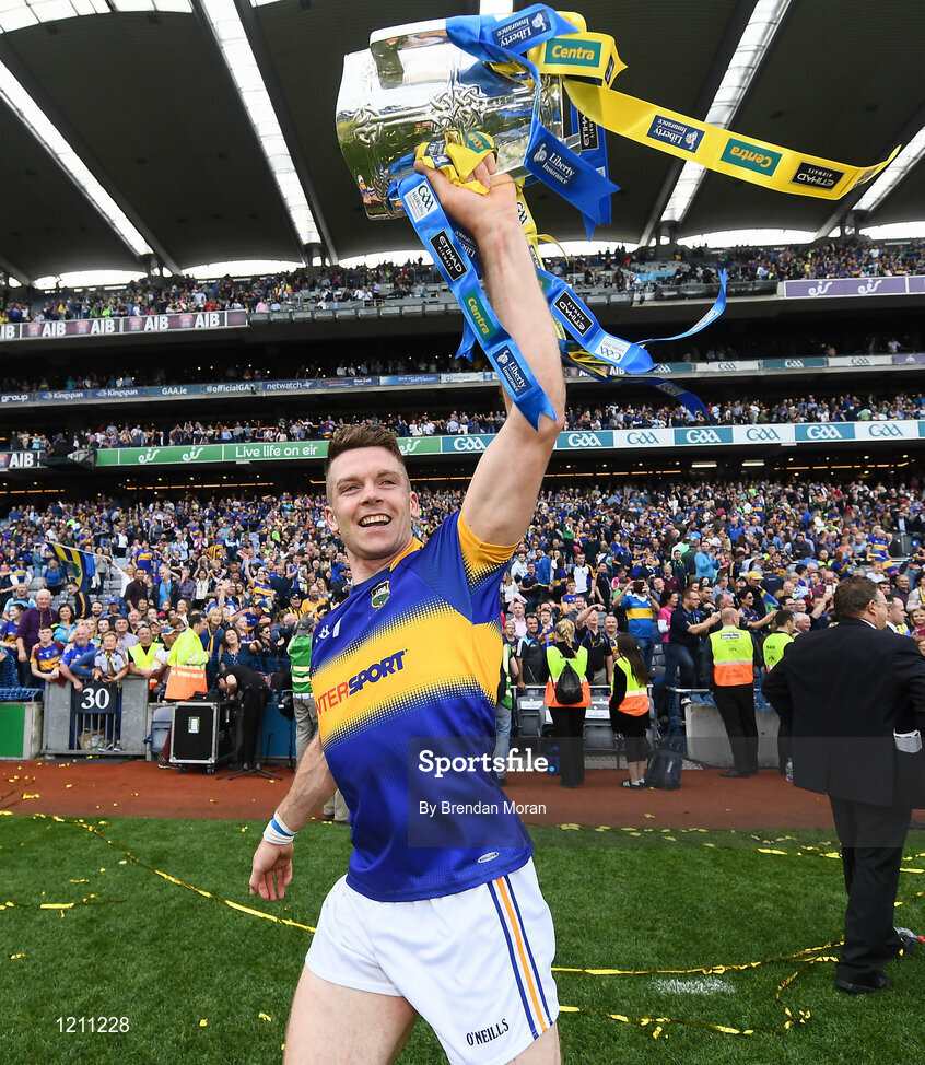 4 September 2016; Pádraic Maher of Tipperary celebrates with the Liam MacCarthy cup after the GAA Hurling All-Ireland Senior Championship Final match between Kilkenny and Tipperary at Croke Park in Dublin. Photo by Brendan Moran/Sportsfile