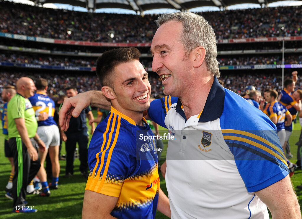 4 September 2016; Tipperary manager Michael Ryan, right, and Aidan McCormack congratulate each other following their team's victory during the GAA Hurling All-Ireland Senior Championship Final match between Kilkenny and Tipperary at Croke Park in Dublin. Photo by Seb Daly/Sportsfile