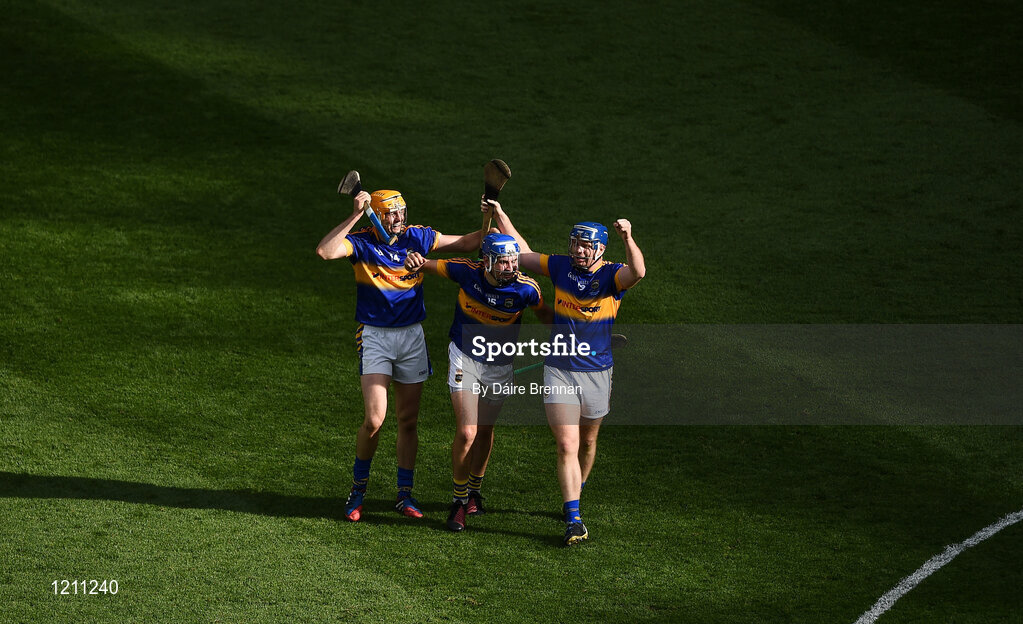 4 September 2016; Tipperary players, left to right, Séamus Callanan, John O'Dwyer, and Jason Forde, celebrate after the GAA Hurling All-Ireland Senior Championship Final match between Kilkenny and Tipperary at Croke Park in Dublin. Photo by Daire Brennan/Sportsfile