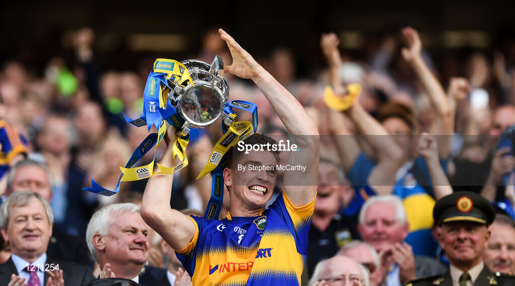 4 September 2016; Brendan Maher of Tipperary lifts the Liam MacCarthy Cup following the GAA Hurling All-Ireland Senior Championship Final match between Kilkenny and Tipperary at Croke Park in Dublin. Photo by Stephen McCarthy/Sportsfile