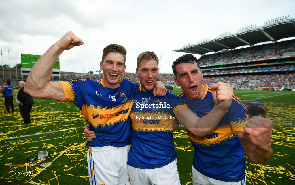 4 September 2016; Tipperary players, from left, Brendan Maher, Dan McCormack and Patrick Maher celebrate following the GAA Hurling All-Ireland Senior Championship Final match between Kilkenny and Tipperary at Croke Park in Dublin. Photo by Stephen McCarthy/Sportsfile