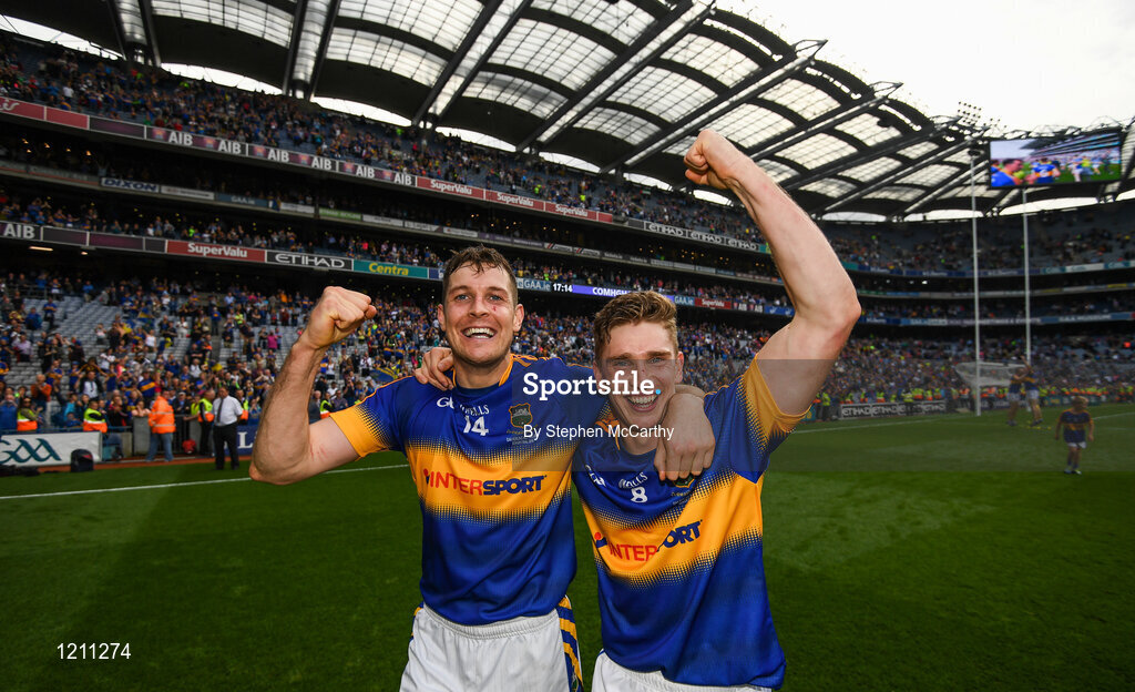 4 September 2016; Séamus Callanan, 14, and Brendan Maher of Tipperary celebrates their side's victory following the GAA Hurling All-Ireland Senior Championship Final match between Kilkenny and Tipperary at Croke Park in Dublin. Photo by Stephen McCarthy/Sportsfile