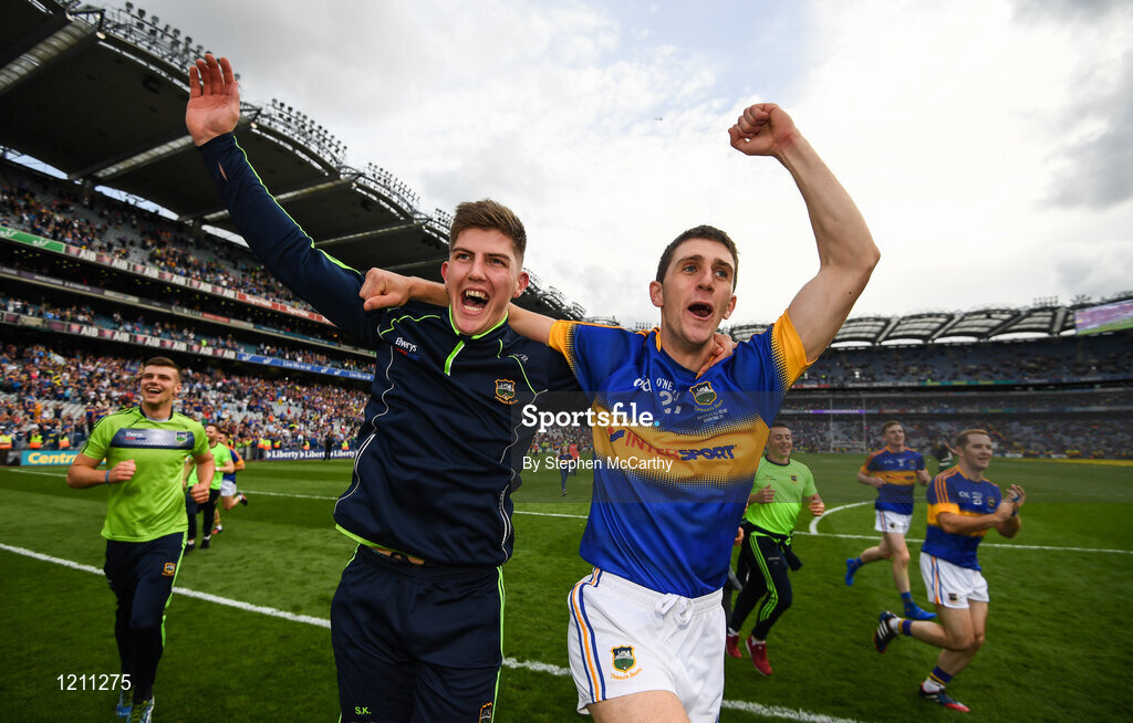 4 September 2016; Steven O'Brien and Barry Heffernan of Tipperary celebrate following the GAA Hurling All-Ireland Senior Championship Final match between Kilkenny and Tipperary at Croke Park in Dublin. Photo by Stephen McCarthy/Sportsfile