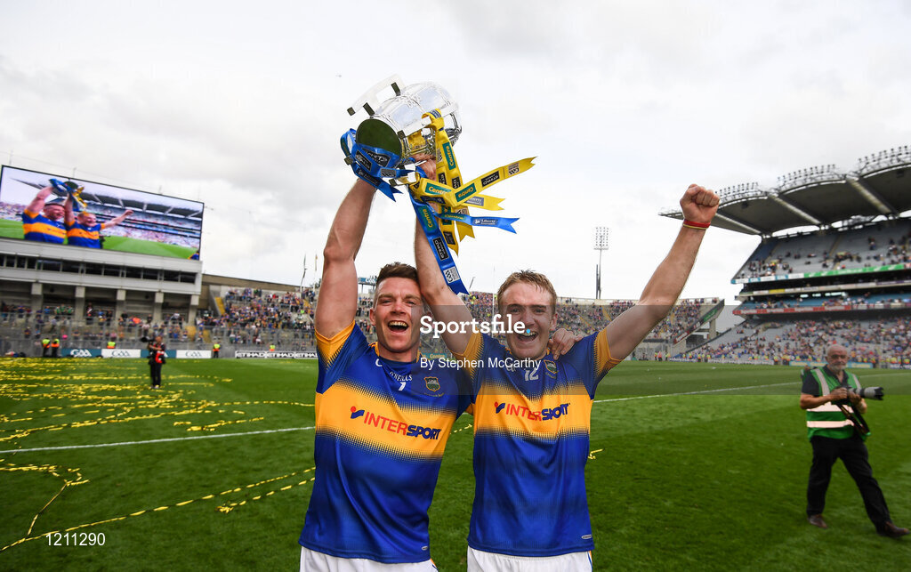 4 September 2016; Pádraic Maher, left, and Noel McGrath of Tipperary celebrate following the GAA Hurling All-Ireland Senior Championship Final match between Kilkenny and Tipperary at Croke Park in Dublin. Photo by Stephen McCarthy/Sportsfile