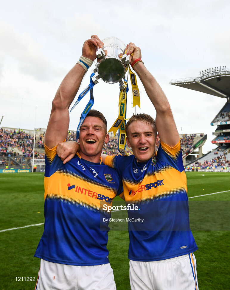 4 September 2016; Pádraic Maher, left, and Noel McGrath of Tipperary celebrate following the GAA Hurling All-Ireland Senior Championship Final match between Kilkenny and Tipperary at Croke Park in Dublin. Photo by Stephen McCarthy/Sportsfile