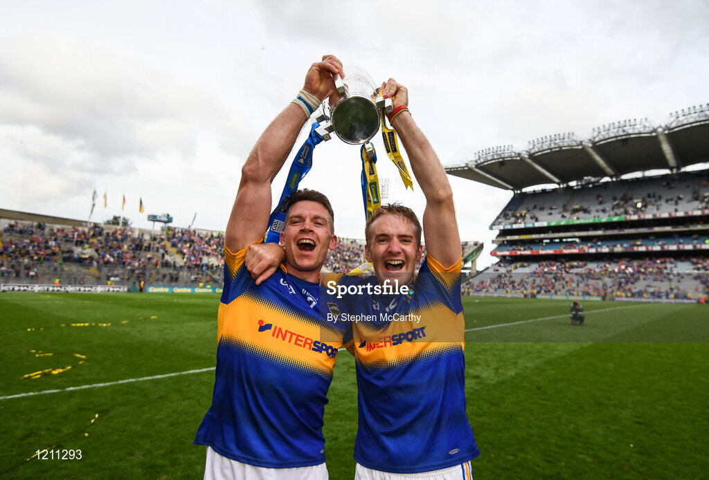 4 September 2016; Pádraic Maher, left, and Noel McGrath of Tipperary celebrate following the GAA Hurling All-Ireland Senior Championship Final match between Kilkenny and Tipperary at Croke Park in Dublin. Photo by Stephen McCarthy/Sportsfile