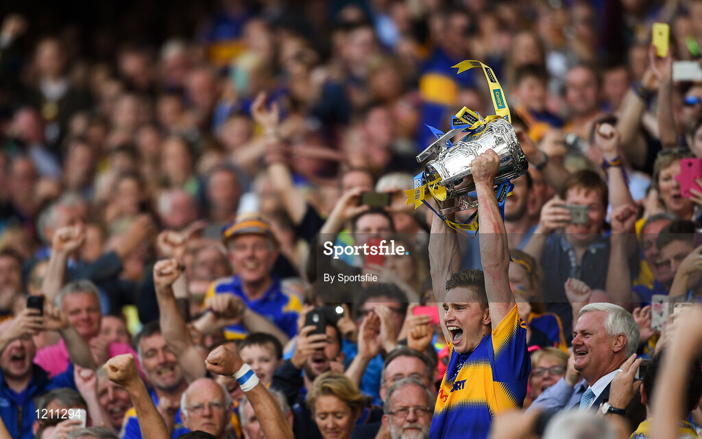 4 September 2016; Tipperary captain Brendan Maher lifts the Liam MacCarthy cup after the  GAA Hurling All-Ireland Senior Championship Final match between Kilkenny and Tipperary at Croke Park in Dublin. Photo by Sportsfile