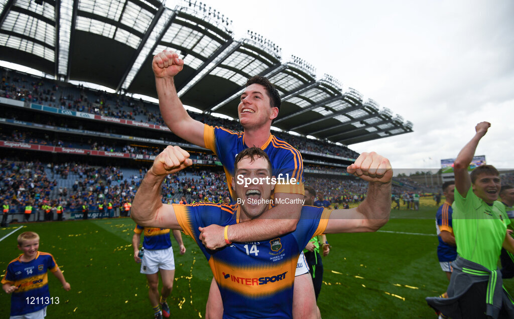 4 September 2016; Séamus Callanan, 14, and John O’Dwyer of Tipperary celebrate their side's victory following the GAA Hurling All-Ireland Senior Championship Final match between Kilkenny and Tipperary at Croke Park in Dublin. Photo by Stephen McCarthy/Sportsfile