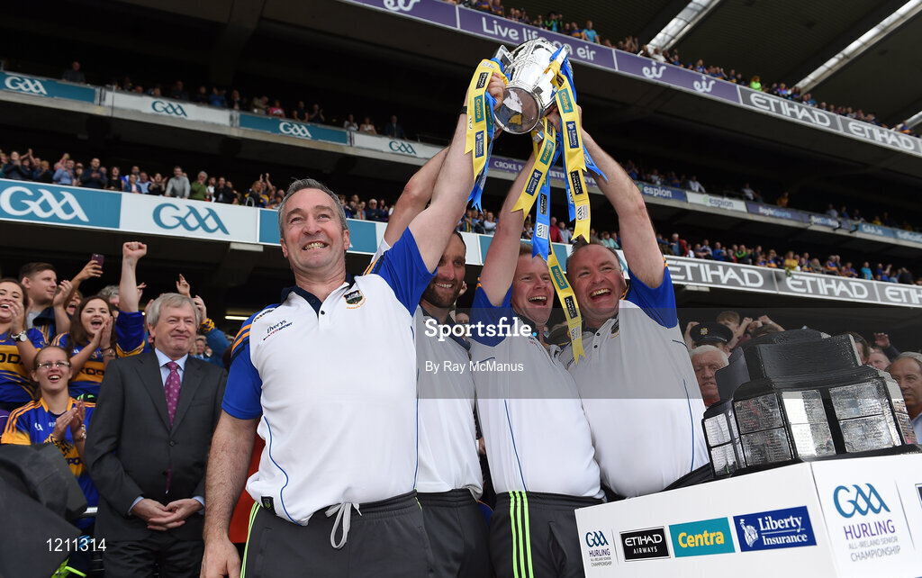 4 September 2016; Tipperary manager Michael Ryan, left, lifts the Liam MacCarthy with his selectors, Declan Fanning, Conor Stakelum and John Madden, following the GAA Hurling All-Ireland Senior Championship Final match between Kilkenny and Tipperary at Croke Park in Dublin. Photo by Ray McManus/Sportsfile