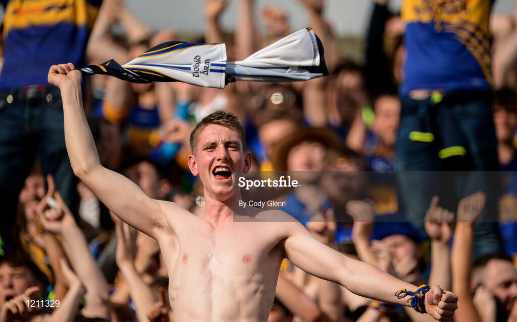 4 September 2016; A Tipperary supporter celebrates on Hill 16 following the GAA Hurling All-Ireland Senior Championship Final match between Kilkenny and Tipperary at Croke Park in Dublin. Photo by Cody Glenn/Sportsfile