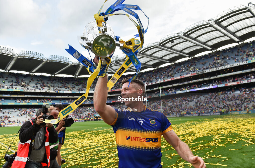 4 September 2016; Pádraic Maher of Tipperary celebrates with the Liam MacCarthy cup after the GAA Hurling All-Ireland Senior Championship Final match between Kilkenny and Tipperary at Croke Park in Dublin. Photo by Sportsfile