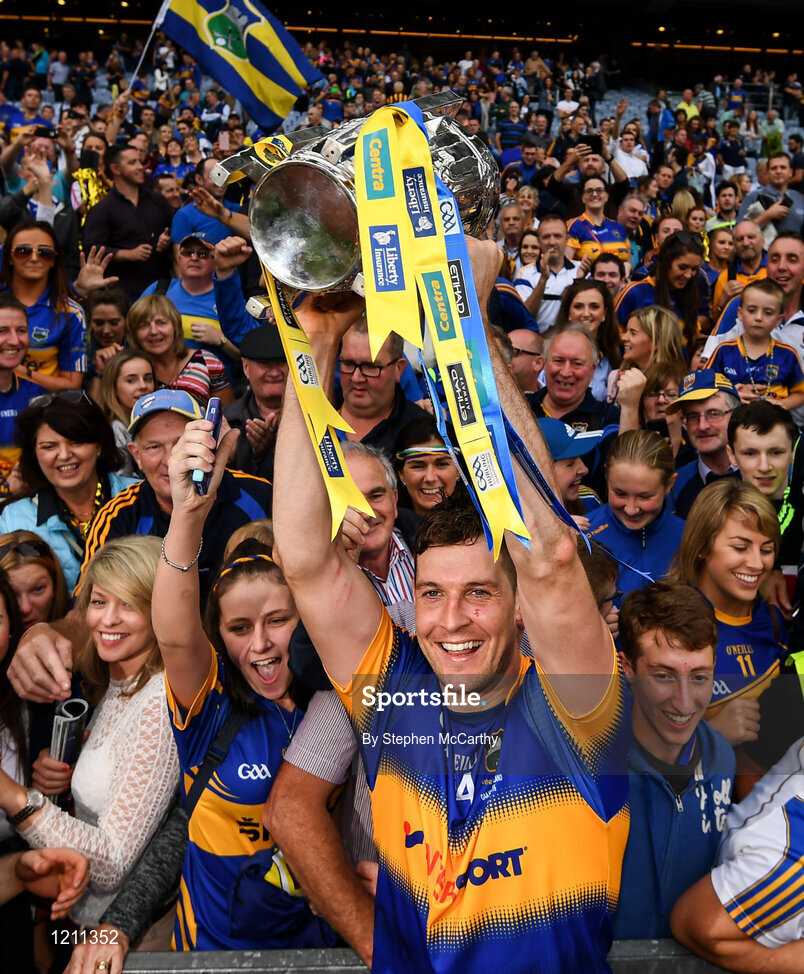 4 September 2016; Séamus Callanan celebrates with Tipperary supporters following their victory in the GAA Hurling All-Ireland Senior Championship Final match between Kilkenny and Tipperary at Croke Park in Dublin. Photo by Stephen McCarthy/Sportsfile