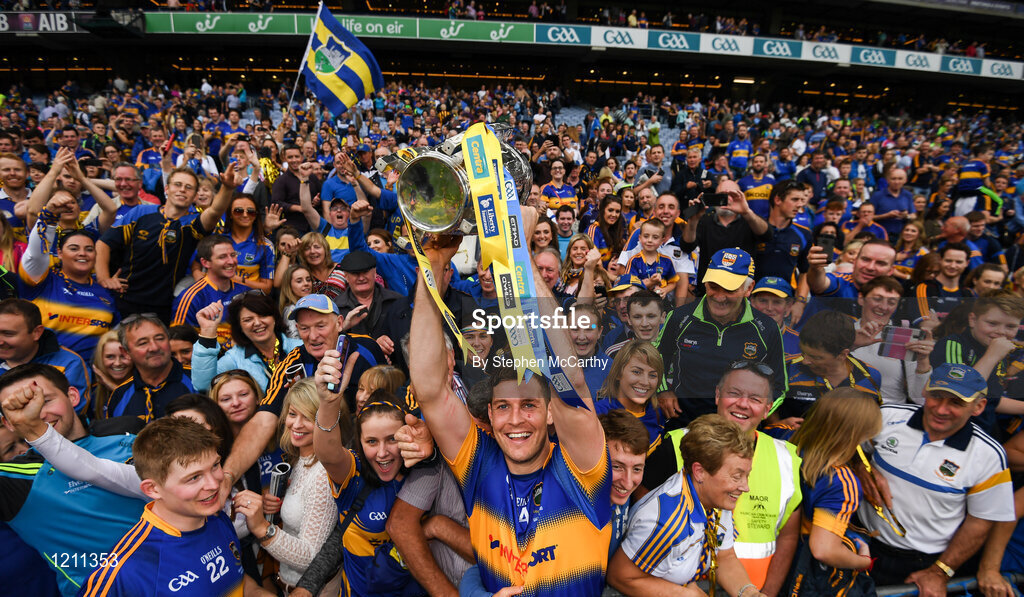 4 September 2016; Séamus Callanan celebrates with Tipperary supporters following their victory in the GAA Hurling All-Ireland Senior Championship Final match between Kilkenny and Tipperary at Croke Park in Dublin. Photo by Stephen McCarthy/Sportsfile