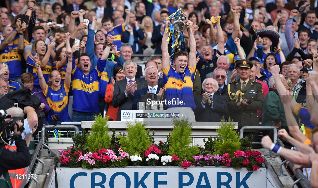 4 September 2016; Tipperary captain Brendan Maher lifts the Liam MacCarthy Cup after the GAA Hurling All-Ireland Senior Championship Final match between Kilkenny and Tipperary at Croke Park in Dublin. Photo by Brendan Moran/Sportsfile