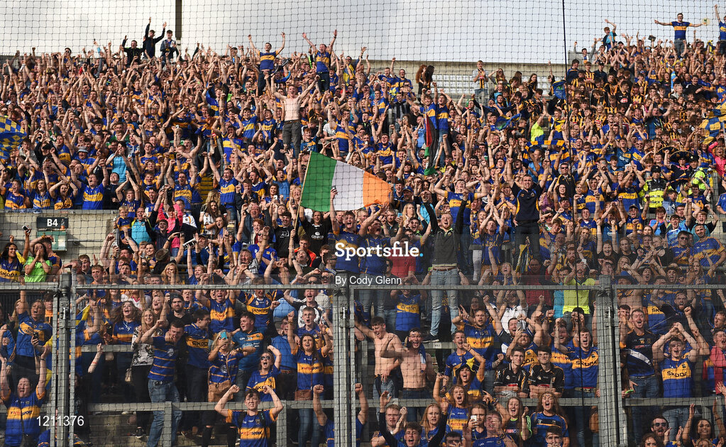 4 September 2016; Tipperary supporters celebrate on Hill 16 following the GAA Hurling All-Ireland Senior Championship Final match between Kilkenny and Tipperary at Croke Park in Dublin. Photo by Cody Glenn/Sportsfile