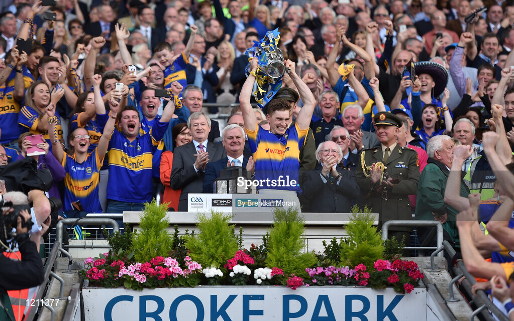 4 September 2016; Tipperary captain Brendan Maher lifts the Liam MacCarthy Cup after the GAA Hurling All-Ireland Senior Championship Final match between Kilkenny and Tipperary at Croke Park in Dublin. Photo by Brendan Moran/Sportsfile