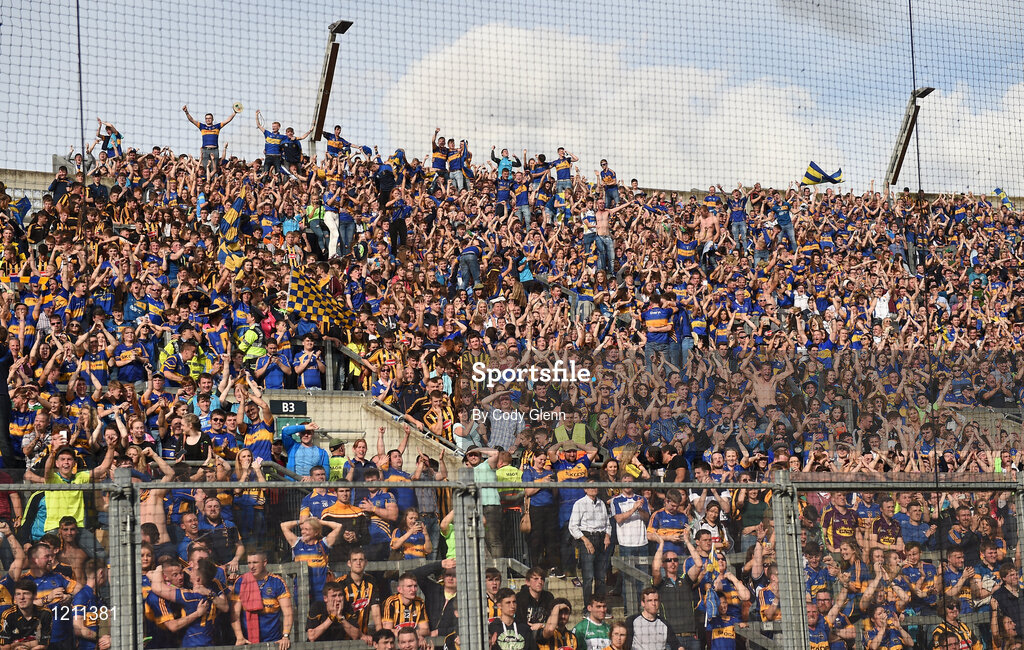 4 September 2016; Tipperary supporters celebrating on Hill 16 following the GAA Hurling All-Ireland Senior Championship Final match between Kilkenny and Tipperary at Croke Park in Dublin. Photo by Cody Glenn/Sportsfile