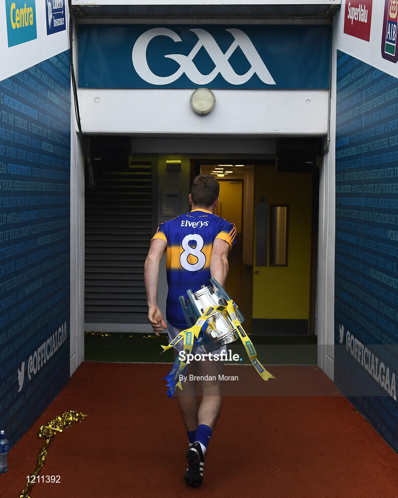 4 September 2016; Tipperary captain Brendan Maher walks down the players tunnel to the dressing room with the Liam MacCarthy Cup after winning the GAA Hurling All-Ireland Senior Championship Final match between Kilkenny and Tipperary at Croke Park in Dublin. Photo by Brendan Moran/Sportsfile