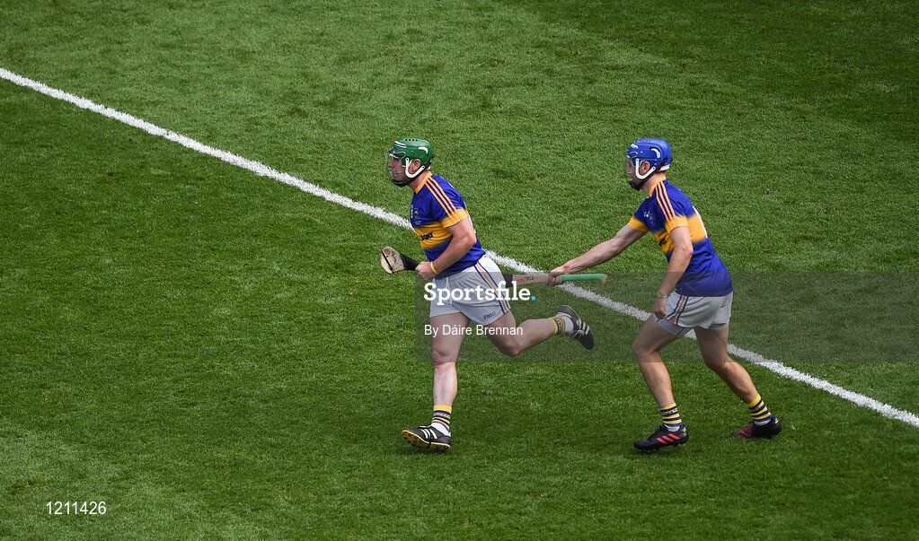 4 September 2016; John O'Dwyer, left, of Tipperary celebrates, with team-mate John McGrath, after scoring his side's first goal during the GAA Hurling All-Ireland Senior Championship Final match between Kilkenny and Tipperary at Croke Park in Dublin. Photo by Daire Brennan/Sportsfile