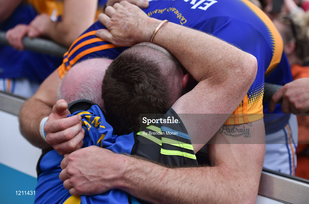 4 September 2016; Pádraic Maher of Tipperary celebrates with Tipperary kit man John 'Hotpoint' Hayes after the GAA Hurling All-Ireland Senior Championship Final match between Kilkenny and Tipperary at Croke Park in Dublin. Photo by Brendan Moran/Sportsfile