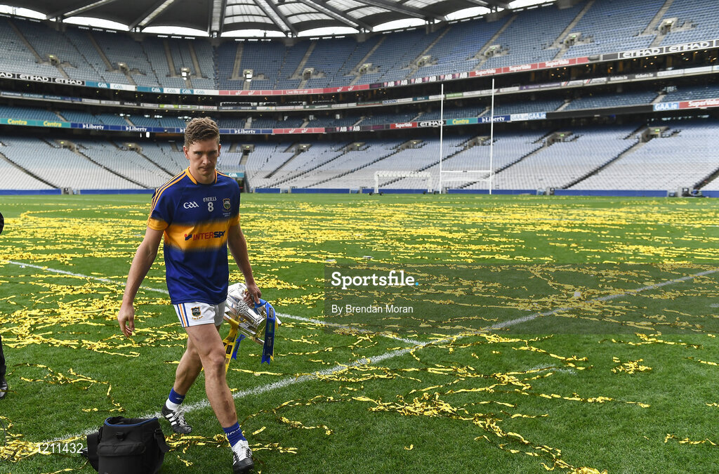 4 September 2016; Tipperary captain Brendan Maher leaves the pitch with the Liam MacCarthy Cup after winning the GAA Hurling All-Ireland Senior Championship Final match between Kilkenny and Tipperary at Croke Park in Dublin. Photo by Brendan Moran/Sportsfile