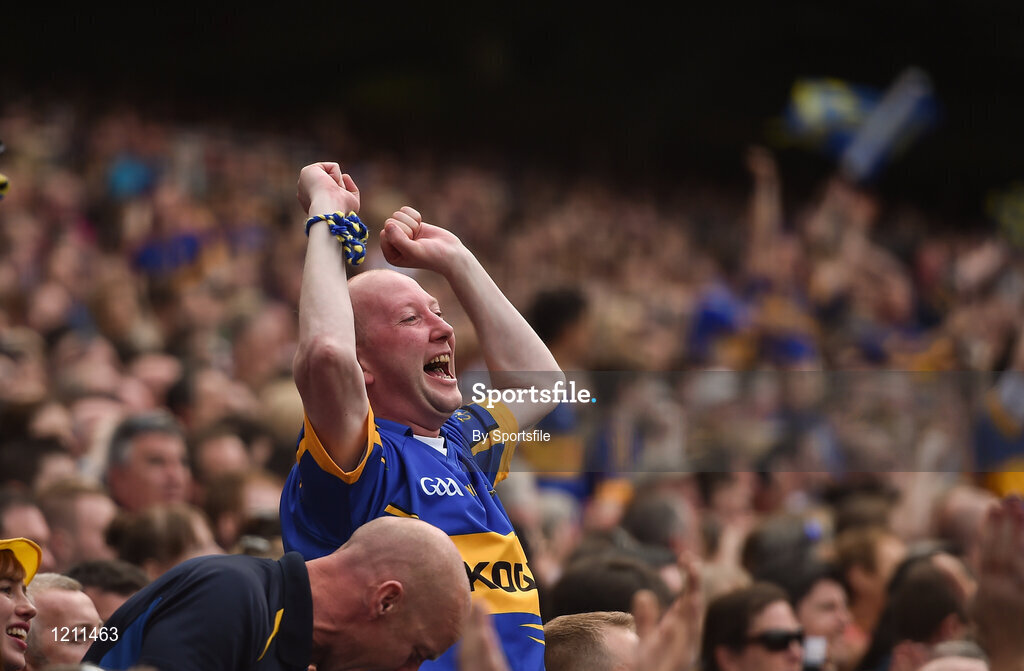 4 September 2016; A Tipperary fan celebrates during the GAA Hurling All-Ireland Senior Championship Final match between Kilkenny and Tipperary at Croke Park in Dublin. Photo by Sportsfile